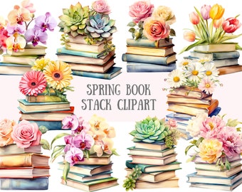Watercolour Spring Book Stack Clipart Bookcase Bookworm PNG Digital Image Downloads for Card Making Scrapbook Junk Journal Paper Crafts