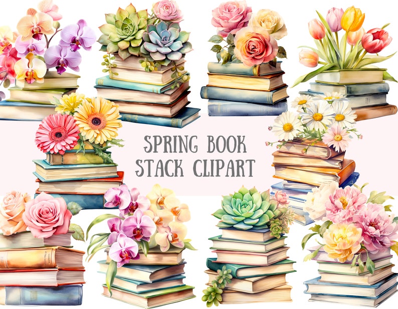 Puede incluir: Un conjunto de clipart digital de ilustraciones de acuarela que presentan pilas de libros decorados con flores de primavera, suculentas y otros elementos florales. El texto "SPRING BOOK STACK CLIPART" se muestra en el centro de la imagen.