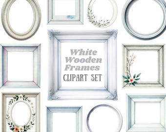 Watercolour White Wooden Frame Clipart Simple White Frames PNG Digital Image Download Card Making Scrapbook Junk Journal Paper Craft