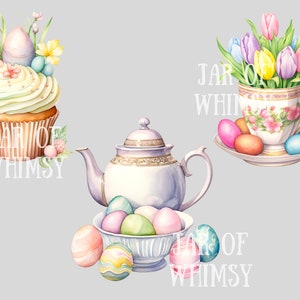 Op de afbeelding: Waterverfillustratie met Pasen-thema's. Een cupcake versierd met eieren en bloemen. Een theepot en een theekopje gevuld met tulpen en eieren. Een kom met versierde eieren.