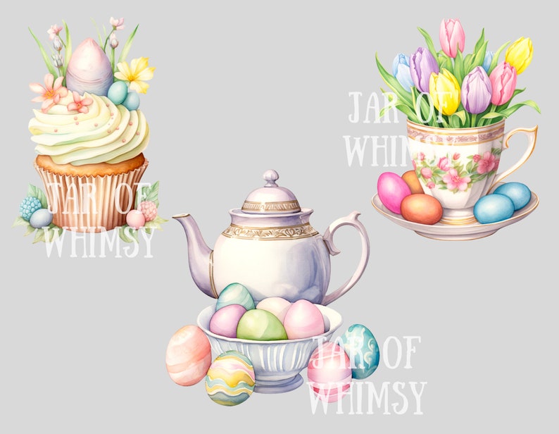 Op de afbeelding: Waterverfillustratie met Pasen-thema's. Een cupcake versierd met eieren en bloemen. Een theepot en een theekopje gevuld met tulpen en eieren. Een kom met versierde eieren.