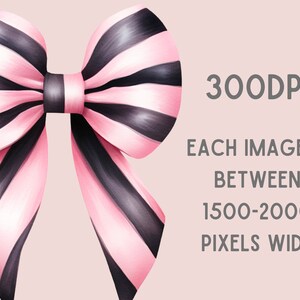 May include: A pink and black striped bow with a satin finish. The bow is tied in a classic knot with the ends of the ribbon flowing down.