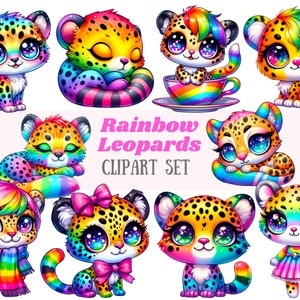 Acquerello arcobaleno leopardo Clipart Kawaii arcobaleno gatto PNG download di immagini digitali per la realizzazione di cartoline scrapbook junk journal paper craft