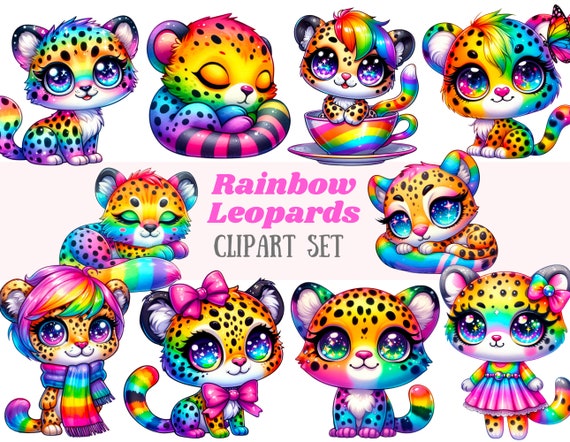 Watercolour Rainbow Leopard Clipart Kawaii Rainbow Cat PNG Digital Image Download for Card Making Scrapbook Junk Journal Paper Craft