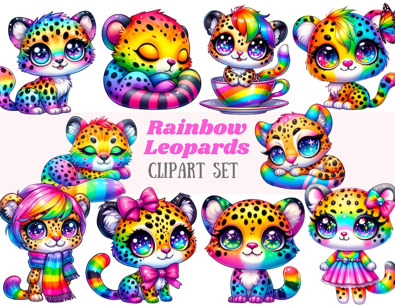 Puede incluir: Un conjunto de diez im&aacute;genes de clipart digital que presentan leopardos de colores arco&iacute;ris con varias expresiones y poses. Los leopardos llevan accesorios como lazos, bufandas y un vestido. El texto "Rainbow Leopards Clipart Set" est&aacute; incluido en la imagen.