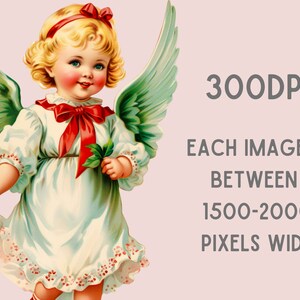 Pode incluir: Uma ilustra&ccedil;&atilde;o vintage de um anjo jovem com cabelo loiro, vestindo um vestido branco com detalhes vermelhos e asas verdes. A imagem tem um fundo rosa e o texto "300DPI EACH IMAGE IS BETWEEN 1500-2000 PIXELS WIDE".