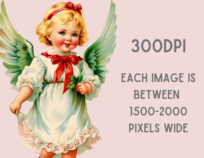 Pode incluir: Uma ilustra&ccedil;&atilde;o vintage de um anjo jovem com cabelo loiro, vestindo um vestido branco com detalhes vermelhos e asas verdes. A imagem tem um fundo rosa e o texto "300DPI EACH IMAGE IS BETWEEN 1500-2000 PIXELS WIDE".