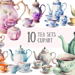 Acquerello Pretty Tea Sets Clipart - Teacups Tea Party PNG Download di immagini digitali per la creazione di cartoline, album di ritagli, diario spazzatura, artigianato di carta
