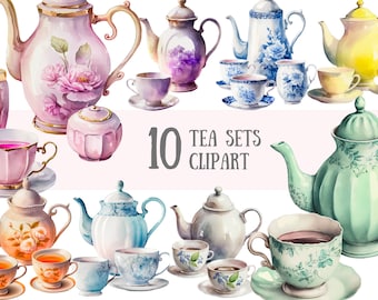 Acuarela bonitos juegos de té Clipart - Teacups Tea Party PNG Descargas de imágenes digitales para la fabricación de tarjetas, álbumes de recortes, diario basura, artesanías de papel