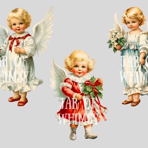 Pode incluir: Tr&ecirc;s ilustra&ccedil;&otilde;es vintage de anjos com asas. Os anjos usam vestidos brancos com detalhes vermelhos. Um anjo est&aacute; segurando um buqu&ecirc; de flores brancas, outro est&aacute; segurando um ramo de azevinho e o terceiro est&aacute; segurando um ramo de azevinho com uma fita vermelha. As ilustra&ccedil;&otilde;es est&atilde;o em um fundo cinza claro.