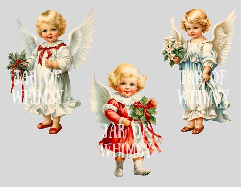 Pode incluir: Tr&ecirc;s ilustra&ccedil;&otilde;es vintage de anjos com asas. Os anjos usam vestidos brancos com detalhes vermelhos. Um anjo est&aacute; segurando um buqu&ecirc; de flores brancas, outro est&aacute; segurando um ramo de azevinho e o terceiro est&aacute; segurando um ramo de azevinho com uma fita vermelha. As ilustra&ccedil;&otilde;es est&atilde;o em um fundo cinza claro.