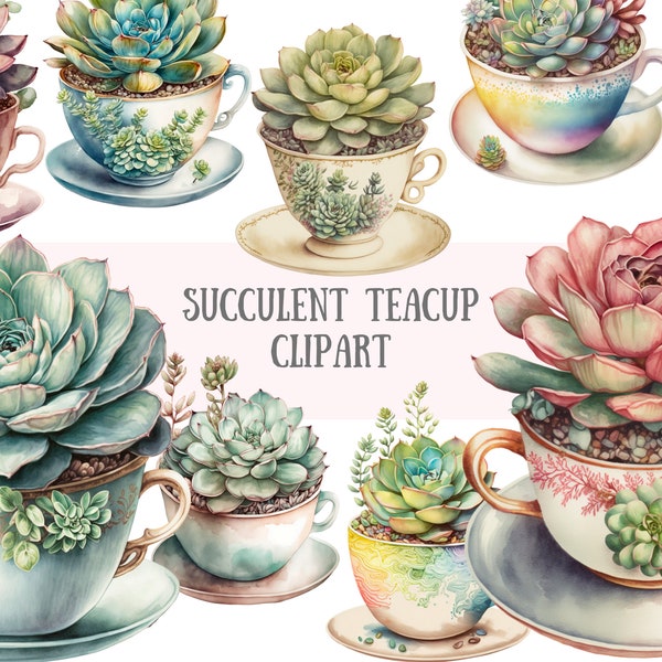 Watercolour Succulent Teacup Clipart Houseplants PNG Digital Image Downloads for Card Making Scrapbook Junk Journal Paper Crafts