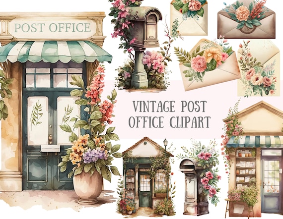 Watercolour Vintage Post Office Clipart Vintage Happy Mail PNG Digital Image Downloads for Card Making Scrapbook Junk Journal Paper Crafts