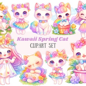 Aquarel kawaii lente kat clipart schattige chibi kat png digitale afbeelding downloads voor kaart maken plakboek ongewenste dagboek papier ambachten