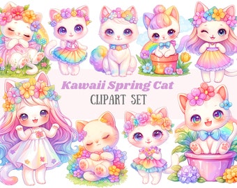May include: A set of ten digital clipart images featuring cute cartoon cats with spring-themed flowers and rainbows. The cats are wearing flower crowns and dresses, and some are holding flowers or sitting in flower pots. The text "Kawaii Spring Cat Clipart Set" is included in the image.