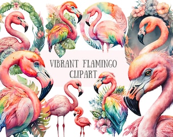 Watercolour Vibrant Flamingo Clipart Tropical Bird PNG Digital Image Downloads for Card Making Scrapbook Junk Journal Paper Crafts