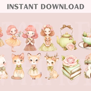 Puede incluir: Un conjunto de pegatinas digitales con personajes de dibujos animados, animales y objetos adorables. Los personajes visten patrones florales y tienen mejillas sonrosadas. Los animales incluyen un zorro, un ciervo, un gato y un oso. Los objetos incluyen una tetera, una taza de t&eacute;, una casa de hongos y una pila de libros.