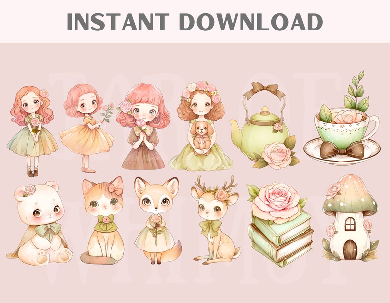Puede incluir: Un conjunto de pegatinas digitales con personajes de dibujos animados, animales y objetos adorables. Los personajes visten patrones florales y tienen mejillas sonrosadas. Los animales incluyen un zorro, un ciervo, un gato y un oso. Los objetos incluyen una tetera, una taza de t&eacute;, una casa de hongos y una pila de libros.
