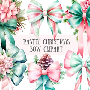 Fiocco di Natale pastello dell'acquerello Clipart Fiocco floreale festivo PNG Download di immagini digitali per la realizzazione di cartoline Scrapbook Junk Journal Mestieri di carta