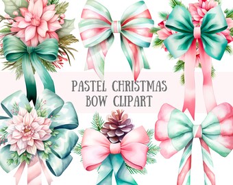 Watercolour Pastel Christmas Bow Clipart Festive Floral Bow PNG Digital Image Downloads for Card Making Scrapbook Junk Journal Paper Crafts