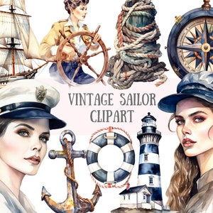 Akwarela Vintage Sailor Clipart Nautical PNG Pobieranie obrazów cyfrowych do tworzenia kart Scrapbook Junk Journal Paper Crafts