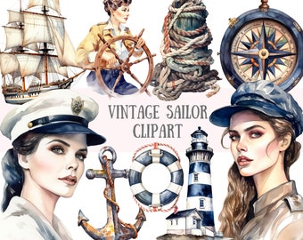 Watercolour Vintage Sailor Clipart Nautical PNG Digital Image Downloads for Card Making Scrapbook Junk Journal Paper Crafts