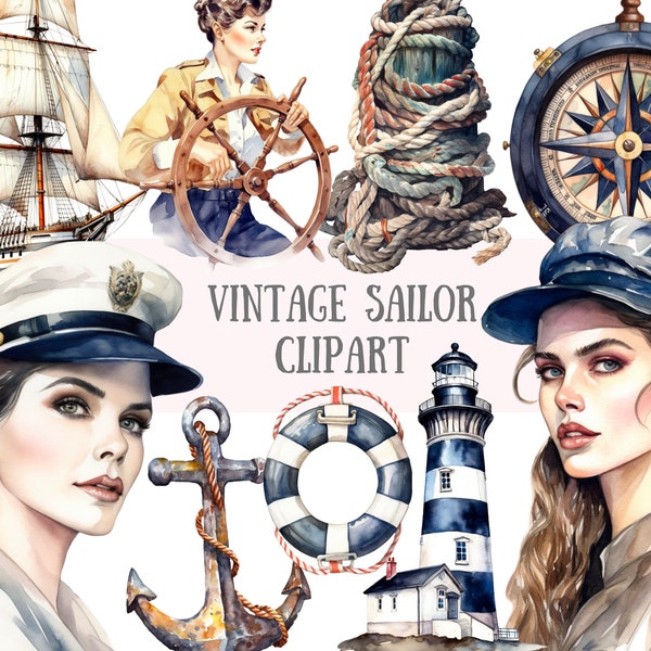 Watercolour Vintage Sailor Clipart Nautical PNG Digital Image Downloads for Card Making Scrapbook Junk Journal Paper Crafts