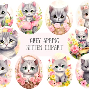 Aquarelle gris printemps chaton Clipart chat floral mignon PNG image numérique à télécharger pour la fabrication de cartes scrapbooking journal indésirable papier artisanat