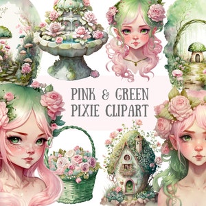 Akwarela Różowy i Zielony Pixie Clipart Bajkowa Fantazja PNG Pobieranie Obrazów Cyfrowych do Tworzenia Kartek Scrapbook Junk Journal Paper Crafts