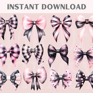 May include: A set of twelve watercolour illustrations of pink and black bows with various patterns, including polka dots, stripes and plaid.