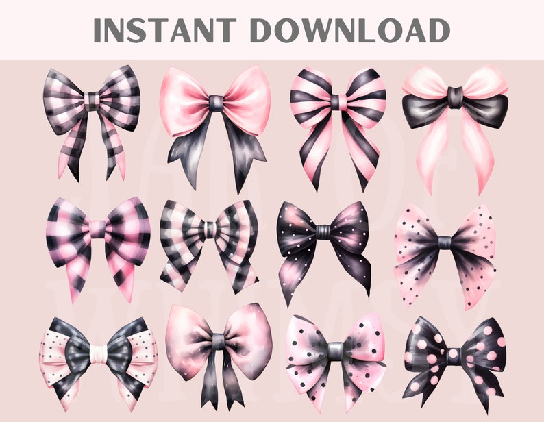 May include: A set of twelve watercolour illustrations of pink and black bows with various patterns, including polka dots, stripes and plaid.