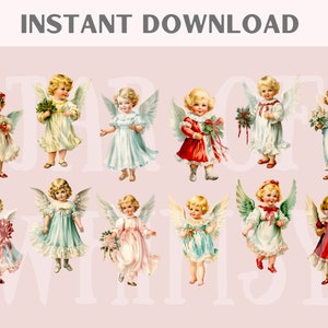 Pode incluir: Doze ilustra&ccedil;&otilde;es vintage de anjos com asas, cada uma com uma pose e um traje diferente. Os anjos usam vestidos brancos, azuis, vermelhos e verdes com detalhes dourados. Eles est&atilde;o segurando flores, coroas e outros elementos decorativos.
