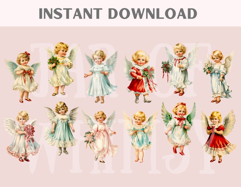 Pode incluir: Doze ilustra&ccedil;&otilde;es vintage de anjos com asas, cada uma com uma pose e um traje diferente. Os anjos usam vestidos brancos, azuis, vermelhos e verdes com detalhes dourados. Eles est&atilde;o segurando flores, coroas e outros elementos decorativos.