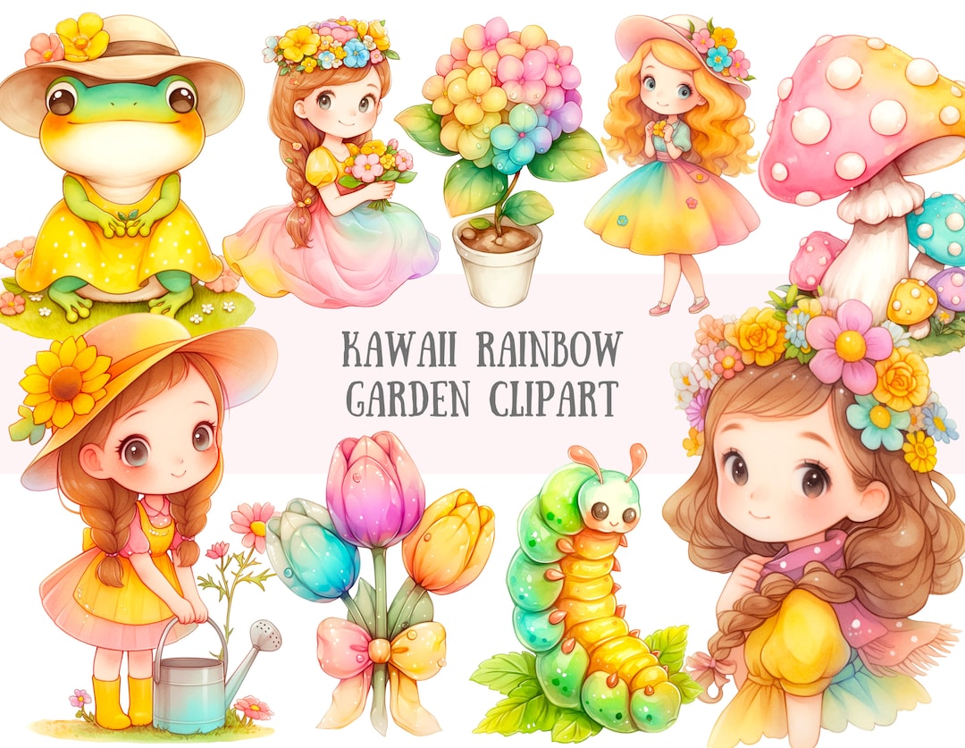 水彩画のかわいいレインボーガーデンクリップアートかわいいちびガール