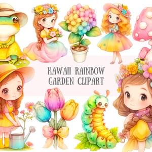 Aquarela Kawaii Rainbow Garden Clipart Cute Chibi Girl PNG Downloads de imagens digitais para fazer cartões Scrapbook Junk Journal Paper Crafts