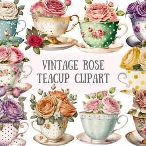 Aquarell Vintage Rose Teetasse Clipart - Tea Time PNG digitale Bild-Downloads für die Kartenherstellung, Scrapbook, Junk Journal, Papierhandwerk