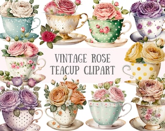 May include: Watercolor illustration of vintage teacups filled with roses. The teacups are in various colors, including blue, green, and white, with floral and polka dot patterns. The text "VINTAGE ROSE TEACUP CLIPART" is displayed.
