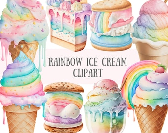 Watercolour Rainbow Ice Cream Clipart - Kawaii Summer PNG Digital Image Downloads for Card Making, Scrapbook, Junk Journal, Paper Crafts