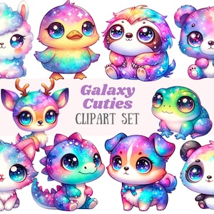 Galaxie aquarelle animaux Clipart mignon galaxie arc-en-ciel pastel PNG Image numérique à télécharger pour la fabrication de cartes Scrapbook Junk Journal créations en papier