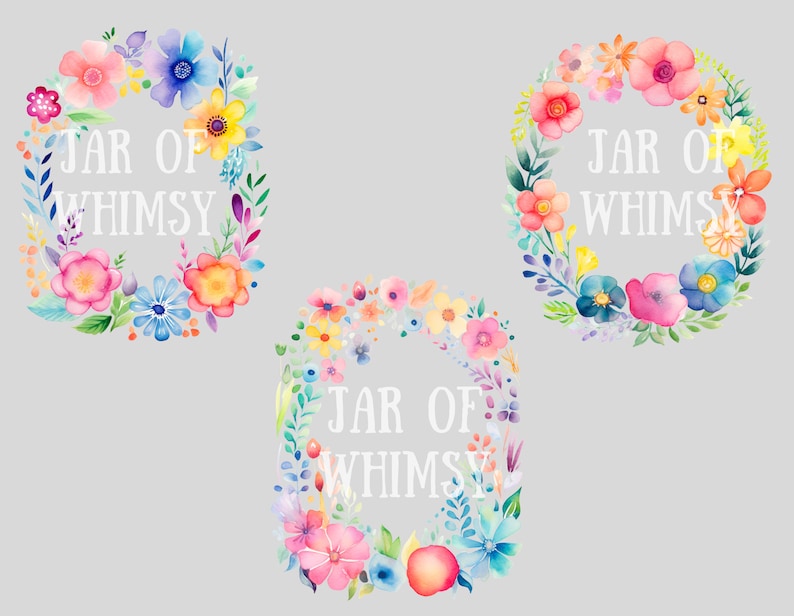May include: Three watercolour floral wreaths with the text "Jar of Whimsy" in white lettering.