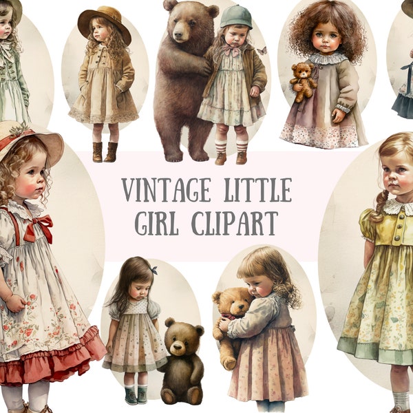 Aquarelle vintage Little Girl Clipart Fashion Girl PNG Téléchargements d’images numériques pour la fabrication de cartes Scrapbook Junk Journal Paper Crafts