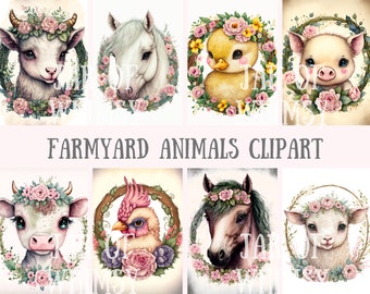 Watercolour Farmyard Animals Clipart - Pig Cow Horse PNG Digital Image Downloads for Card Making, Scrapbook, Junk Journal, Paper Crafts