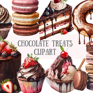 Clipart aquarelle de gourmandises au chocolat - Dessert cupcakes PNG image numérique à télécharger pour la fabrication de cartes, scrapbooking, journal indésirable, travaux manuels en papier