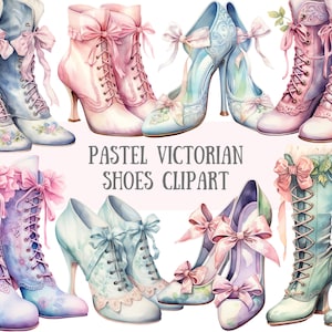Aquarelle pastel chaussures victoriennes Clipart mode vintage PNG Image numérique à télécharger pour la fabrication de cartes Scrapbook Junk Journal travaux manuels en papier