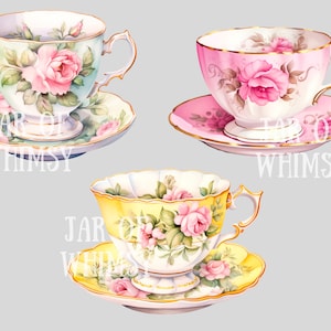 May include: Three vintage teacups and saucers with floral designs. The teacups are in shades of green, pink, and yellow, and each features a pink rose with green leaves. The saucers are decorated with matching floral patterns.