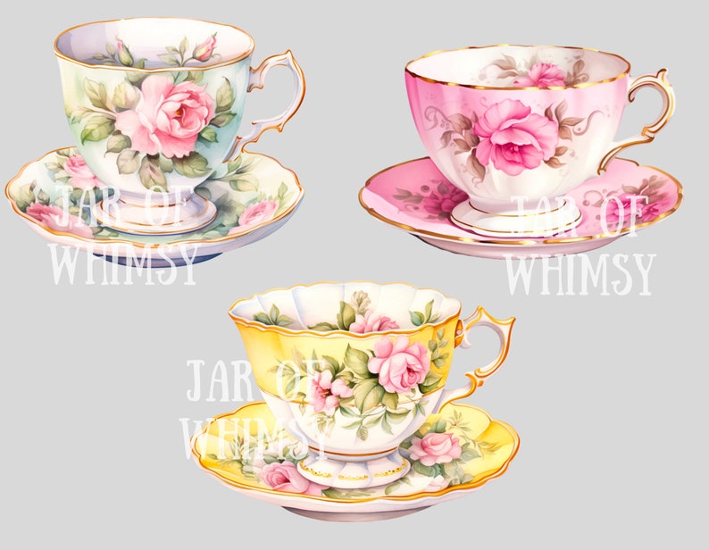 May include: Three vintage teacups and saucers with floral designs. The teacups are in shades of green, pink, and yellow, and each features a pink rose with green leaves. The saucers are decorated with matching floral patterns.