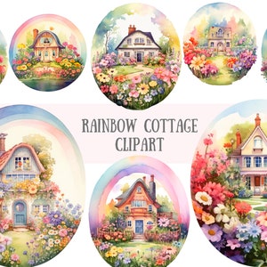 Acuarela Rainbow Cottage Clipart Spring Garden PNG Descargas de imágenes digitales para hacer tarjetas Scrapbook Junk Journal Paper Crafts