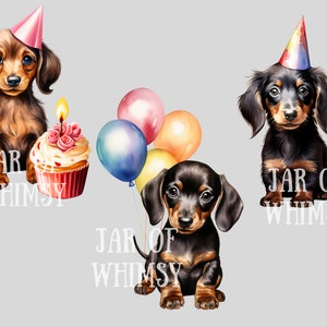 May include: Three dachshund puppies wearing party hats. One puppy is holding a cupcake with a lit candle. Another puppy is holding balloons. The text "JAR OF WHIMSY" is visible on the image.