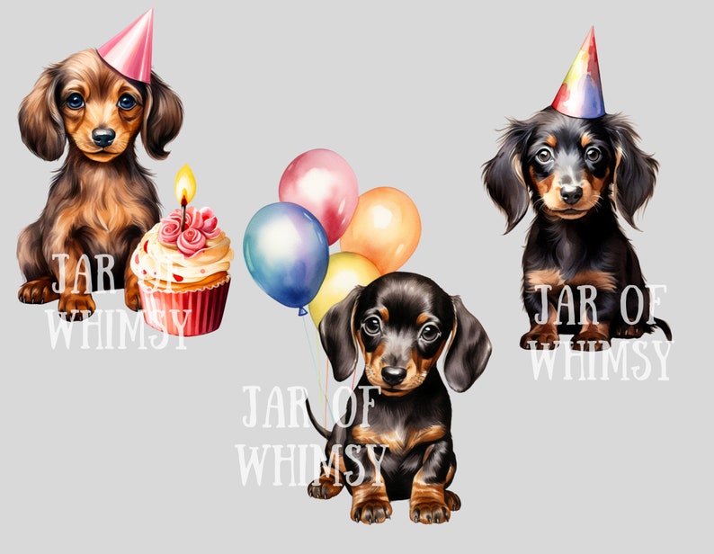 May include: Three dachshund puppies wearing party hats. One puppy is holding a cupcake with a lit candle. Another puppy is holding balloons. The text "JAR OF WHIMSY" is visible on the image.