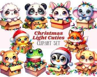 Peut inclure: Un ensemble de 10 adorables animaux de dessin animé avec des lumières de Noël enroulées autour d'eux. Chaque animal est assis dans une boîte au design festif. Les animaux comprennent un panda, un renard, un pingouin, un canard, une grenouille, un chien, un chat, un mouton, un éléphant et un ours.